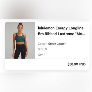 Lululemon Energy Longline Bra Ribbed Luxtreme Green Jasper Size 8